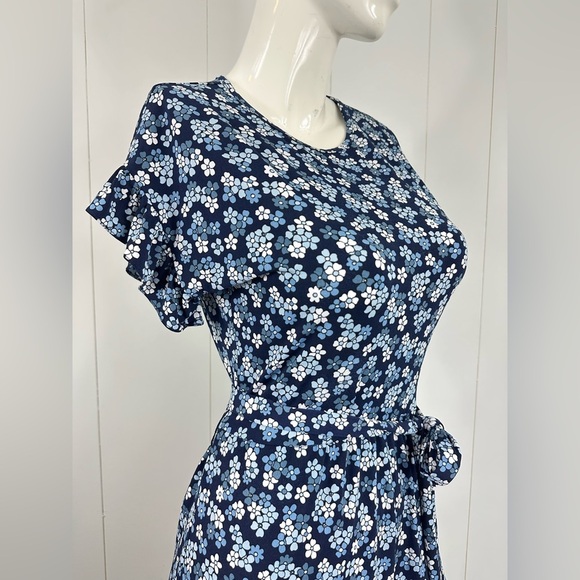 Michael Kors Womens Floral Tie Waist Ruffled Dress Size XS Flutter Sleeve Blue - Picture 7 of 9